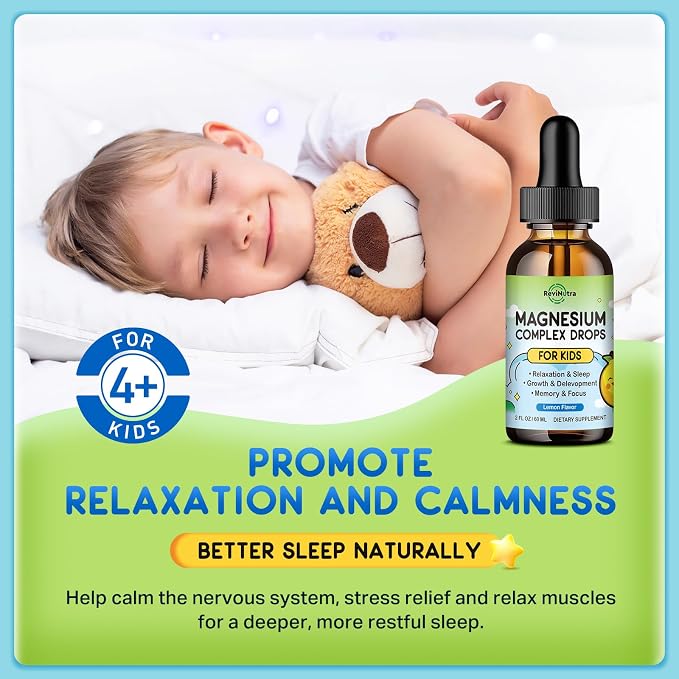 (2 Pack) Magnesium Glycinate Liquid for Kids, Kids Magnesium Liquid Drops Supplement with L-Theanine, Calcium, Zinc, Vitamin D3 K2 for Sleep Calm Relaxation Brain Bones Focus, Lemon Flavor 4 Fl Oz