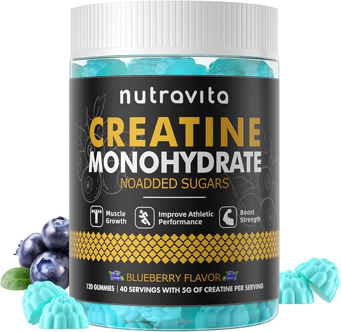 Nutravita NSF Certified Creatine Gummy - Creatine Monohydrate Gummies for Men & Women-5g of Creatine Monohydrate per Serving - Sugar Free,Vegan, Blueberry Flavor, 120 Count