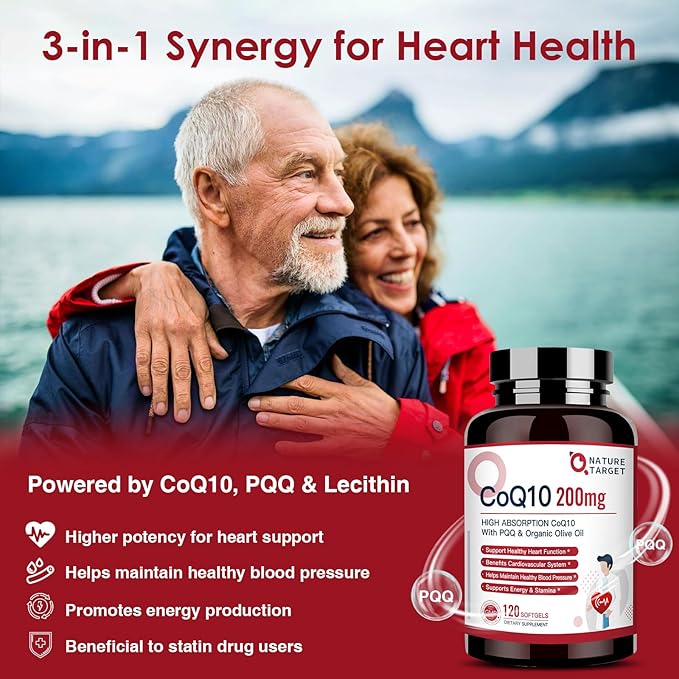 NATURE TARGET CoQ10-200mg-Softgels + PQQ with Organic-Olive-Oil - High Absorption-Coenzyme-Q10 - Antioxidant-for-Heart-Health and Immune Support, Energy Production, 120 Servings