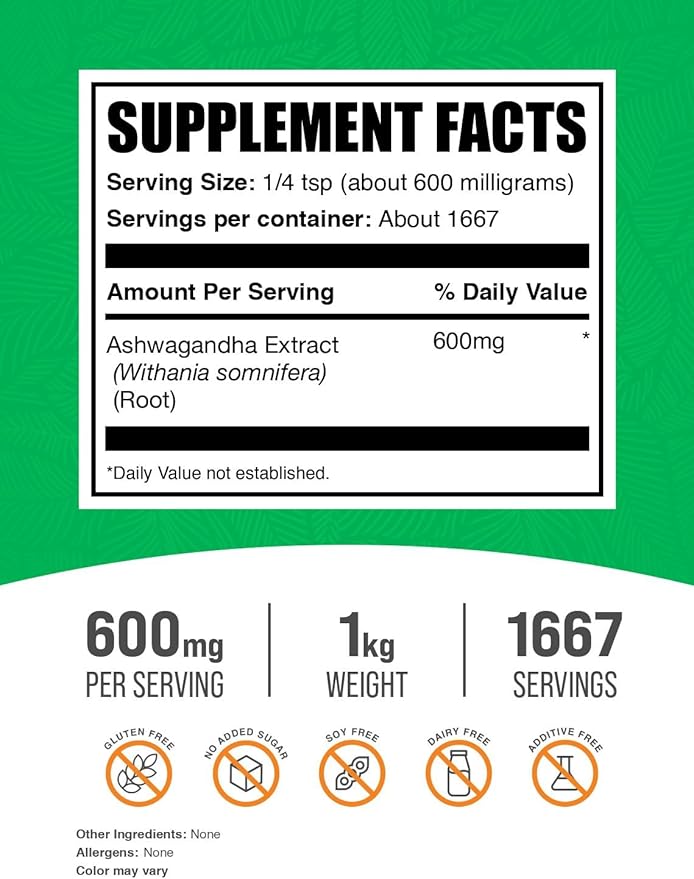 BulkSupplements.com Ashwagandha Root Extract Powder - Ashwagandha Supplement, Herbal Supplement - Vegan & Gluten Free, 600mg per Serving, 1kg (2.2 lbs) (Pack of 1)