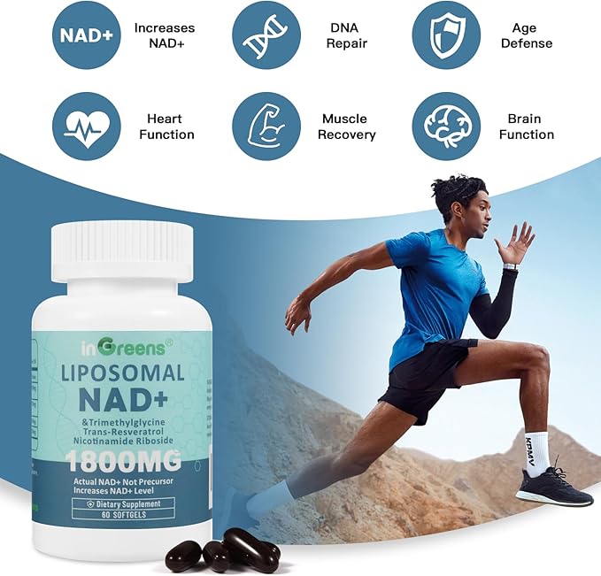 inGreens Liposomal NAD+ Supplement 1800 mg with Nicotinamide Riboside, Trans Resveratrol, Trimethylglycine，Replaces NMN, Boost NAD+, Aging Defense，Cellular Energy, 240 Softgels