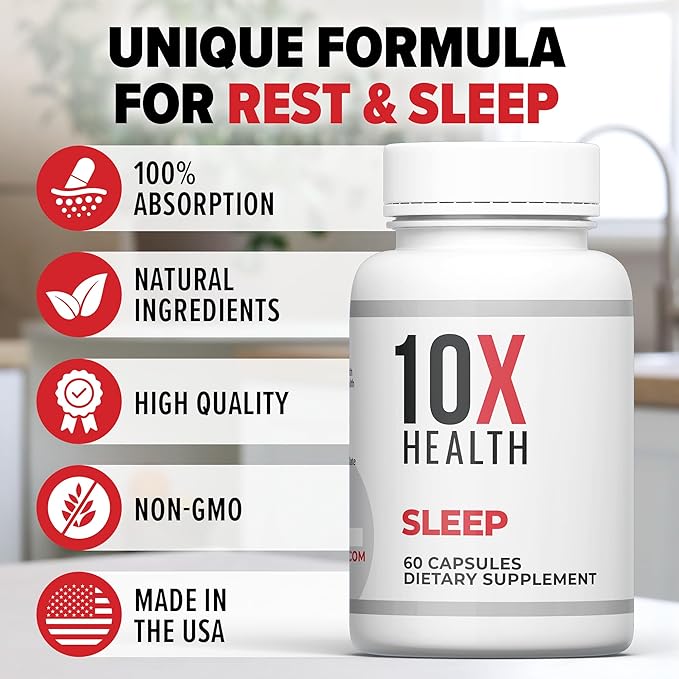 10X Health Sleep Supplements for Adults - 60 Capsules - Melatonin 3mg, L Theanine, Magnesium Supplement, Magnesium Oxide for Deep, Better Rest & Relaxation - 3-in-1 Natural Sleep Support