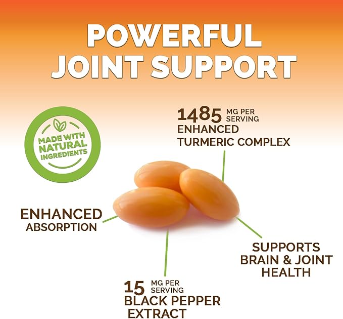 Turmeric Curcumin Supplement Complex - BioPerine Black Pepper Extract Advanced Absorption Curcuminoids for Nature's Joint Support - Antioxidant Herbal Supplement for Women & Men, Non-GMO - 60 Softgels