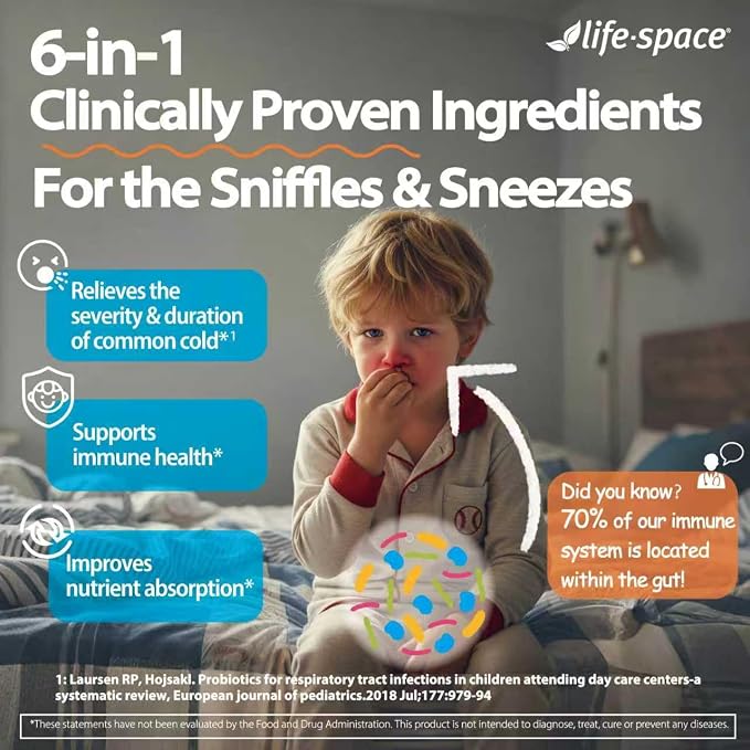Life-Space Children Immune Support Probiotic, 2 Month Serving, Clinically Proven to Relieve Common Cold Symptoms, 12 Billion CFU, 6 in 1 Kids Probiotic for Digestive & Immune Health, 60 Grams