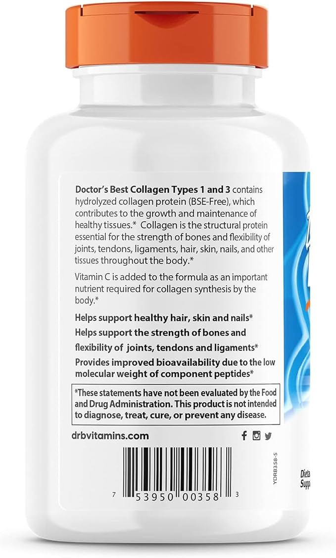 Doctor's Best Collagen Peptides Types 1 and 3 - Collagen Supplement for Women & Men, 30mg Vitamin C & 3g Protein per 3-Tablet Serving, Supports Hair, Skin, Nails, & Bones, Non GMO- 540 Tablets