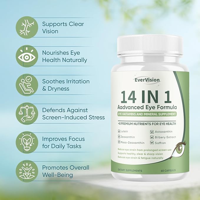 Evervision 14 in 1 Advanced Eye Formula, Neurobella Eye Vitamin and Mineral Supplement with Zinc, Lutein, Zeaxanthin & Bilberry Extract, 60 Capsules (1)