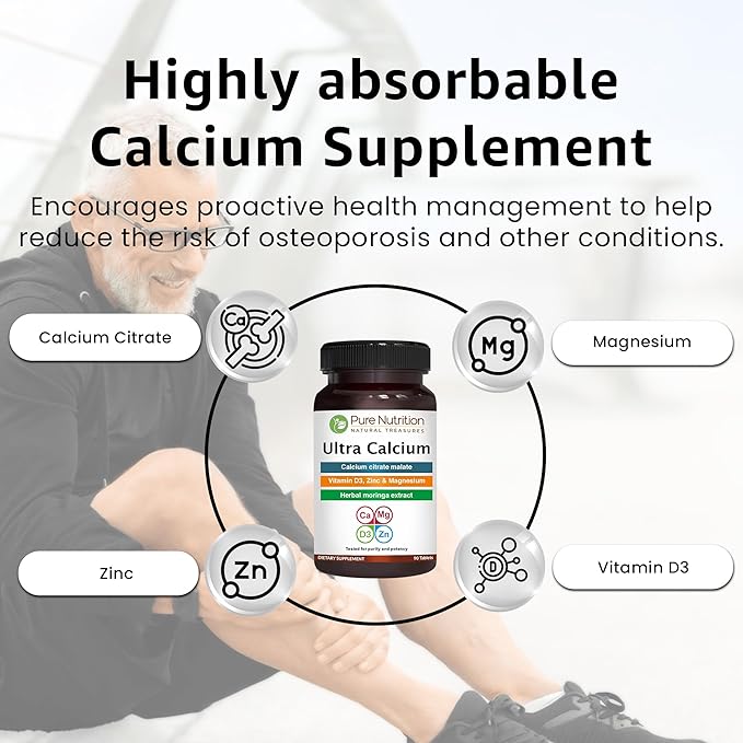 Pure Nutrition Ultra Calcium 1000mg with VIT D3 + K | 180 Tabs (90 X Pack of 2) | Calcium Supplement with Calcium Citrate Malate, VIT D3, K, Moringa Oleifera, Magnesium and Zinc.