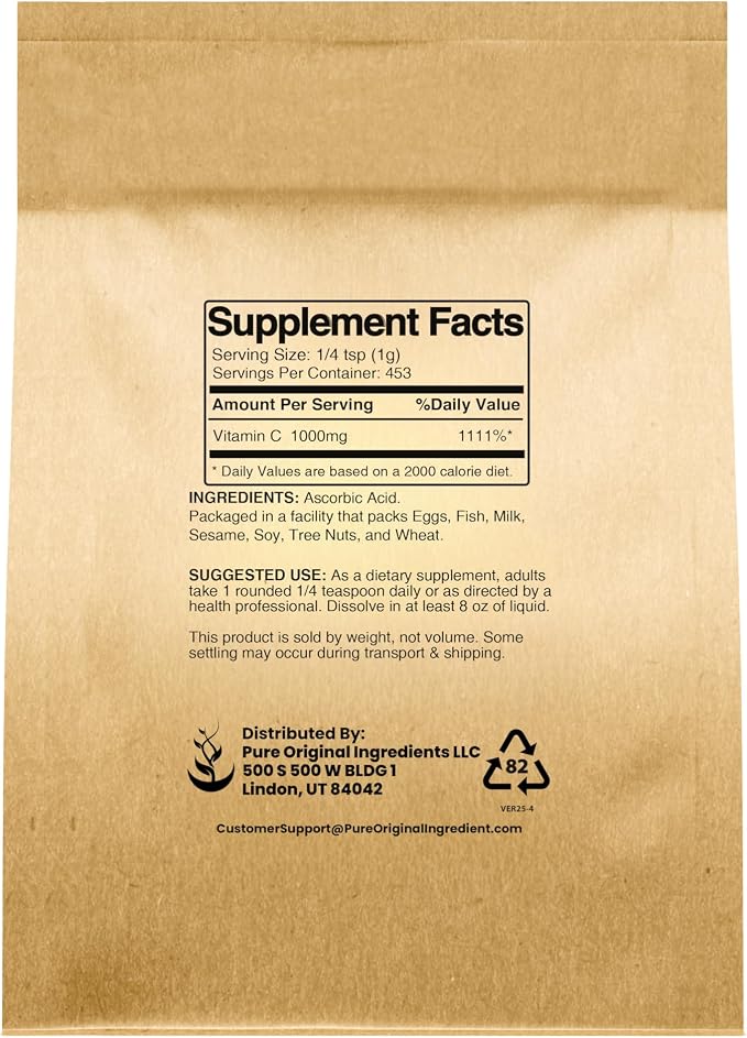 PURE ORIGINAL INGREDIENTS Vitamin C Powder (1 lb) Ascorbic Acid, Non GMO, Dietary Supplement