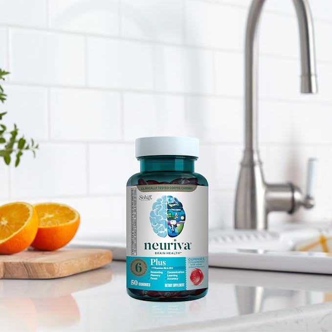 NEURIVA Plus Decaffeinated Nootropic Brain Supplement for Memory, Focus & Concentration & Cognitive Function, Clinically Tested NeuroFactor, Phosphatidylserine, Vitamins B6 B12,50ct Strawberry Gummies