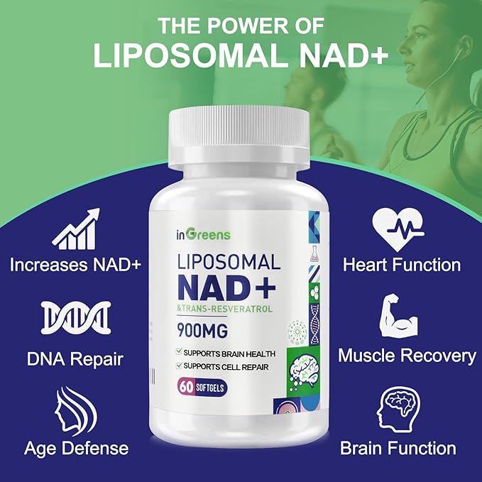 inGreens 900mg Liposomal NAD+ Supplement with 300mg Trans Resveratrol - Superior Absorption, Replaces NMN, Boost NAD+ for DNA Repair, Energy & Longevity, Aging Defense, 60 Softgels
