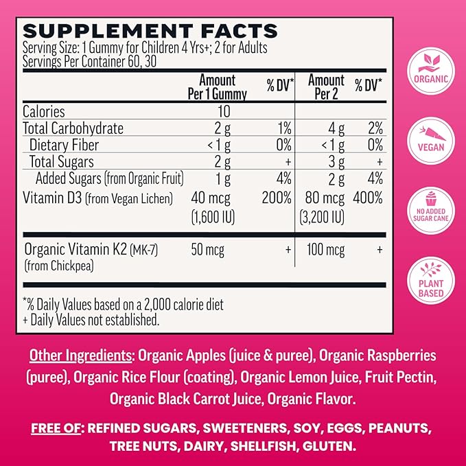 Llama Naturals Vitamin D3, Vegan, Organic Immune Support Supplement, Vitamin D Gummies for Adults and Kids, Real Fruit Gummy Vitamins, Promotes Bone Health, No Added Sugar Cane, Raspberry, 60 Ct