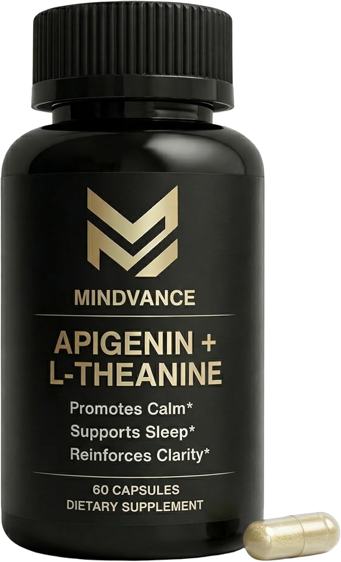 Apigenin 100mg with L-Theanine 200mg Supplement Capsules for Sleep Support, Relaxation, Clarity & Calm | Melatonin Free | 60 Vegan Capsules