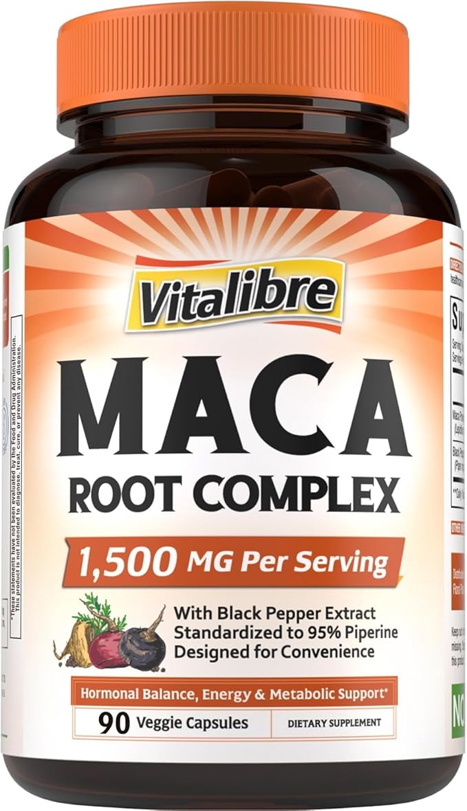 Maca Root Capsules for Women & Men, 1500 mg Maca Root Per Serving, with Black Pepper for Max Absorption, 95% Piperine, Vitality, Mood, Metabolic Support, 90 Capsules