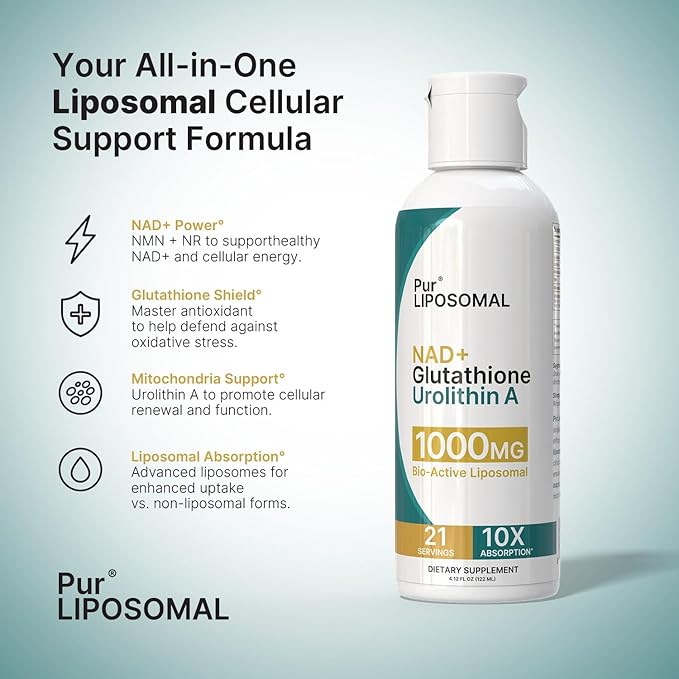 NAD+ Glutathione Urolithin A 1000mg Liquid - Max Absorption NAD+ Stack with NMN & NR for Cellular Energy - L-Glutathione for Detox & Urolithin A for Anti-Aging - 21 Servings