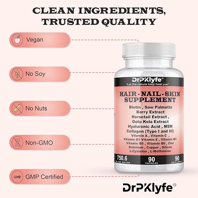 Hair, Nail and Skin Supplement Capsules:Biotin, Collagen, Collagen Peptides, Acid Hyaluronic, Biotin, Vitamin A, C, B5, B6 Saw Palmetto & More - 90 Capsules.