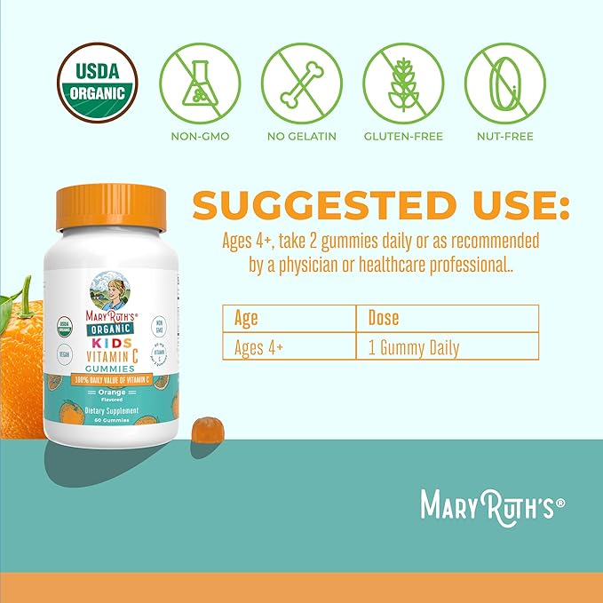 MARYRUTH'S Kids Vitamin C Gummies | Supplement for Immune Support & Overall Health | Vitamin C for Kids Ages 4+ | USDA Organic | Vegan | Non-GMO | 60 Servings