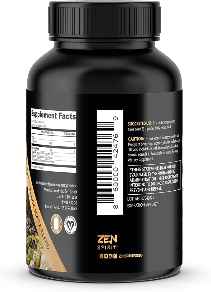 Zen Spirit Maca Root Capsules Gelatinized - Yellow, Red & Black Powder Blend - Organic & Vegan Certified - 180 Pills 500mg - Supplement for Men and Women