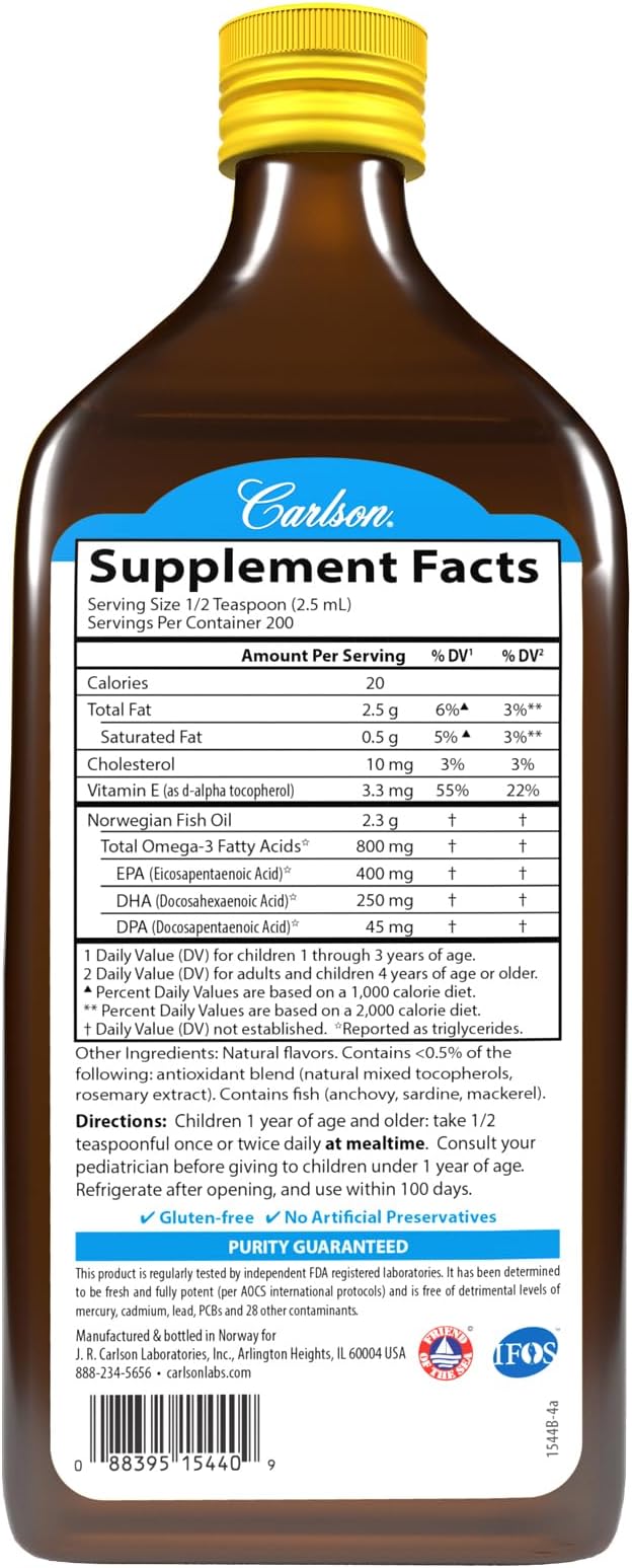 Carlson - Kid's The Very Finest Fish Oil, 800 mg Omega-3s, Liquid Fish Oil Supplement, Norwegian Fish Oil, Wild Caught, Sustainably Sourced Fish Oil Liquid, Lemon, 500 mL (16.9 Fl Oz)