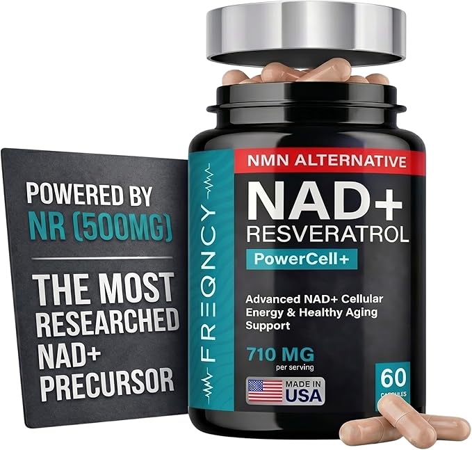 FREQNCY NAD+ Resveratrol Supplement – 500mg Nicotinamide Riboside (NR) - Anti-Aging & Cellular Energy - NAD & NMN Alternative – 60 Capsules - Vegan | Gluten Free