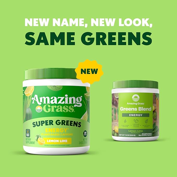 Amazing Grass Greens Blend Energy: Smoothie Mix, Super Greens Powder & Plant Based Caffeine with Matcha Green Tea & Beet Root Powder, Lemon Lime, 30 Servings (Packaging May Vary)