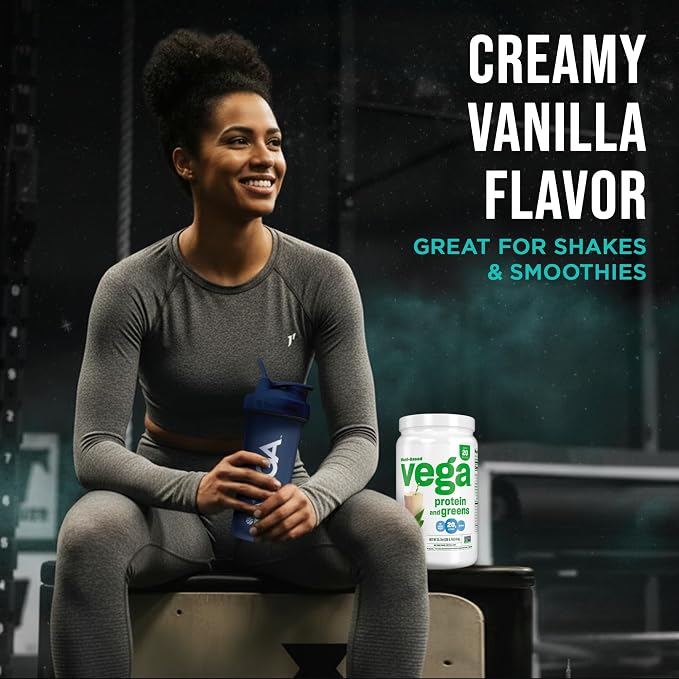 Vega Premium Protein + Supergreens, Vanilla – 20g Vegan Protein, Dairy & Gluten Free, 21.7 oz (20 Servings)