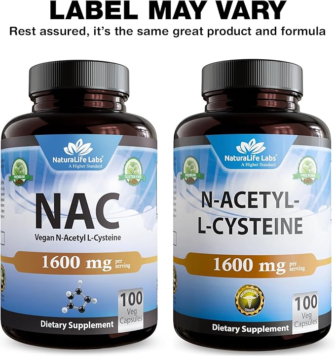 NaturaLife Labs N-Acetyl-L-Cysteine (NAC) 1600 mg – 100 Capsules, Non-GMO & Gluten-Free