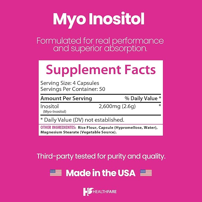 Healthfare Myo Inositol Supplement, 2600mg | 200 Veg Capsules | Ultra Strength | Healthy Ovarian Support for Women | Vitamin B8 for Women