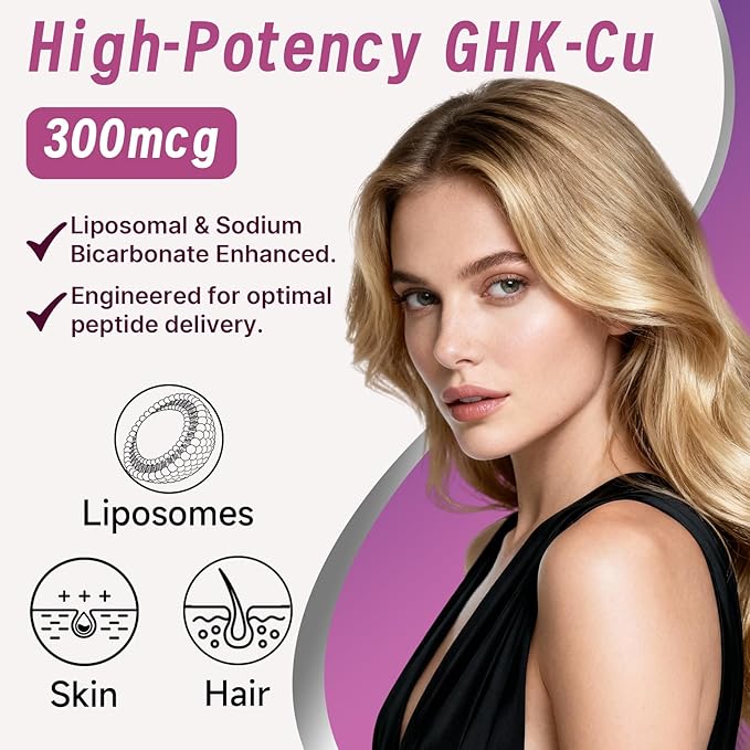 GHK-Cu Copper Peptide Supplement, 300 mcg per Serving, Liposomal Formula, 100 Vegan Capsules – Beauty Support Matrix with Biotin, Phytoceramides & Herbal Blend