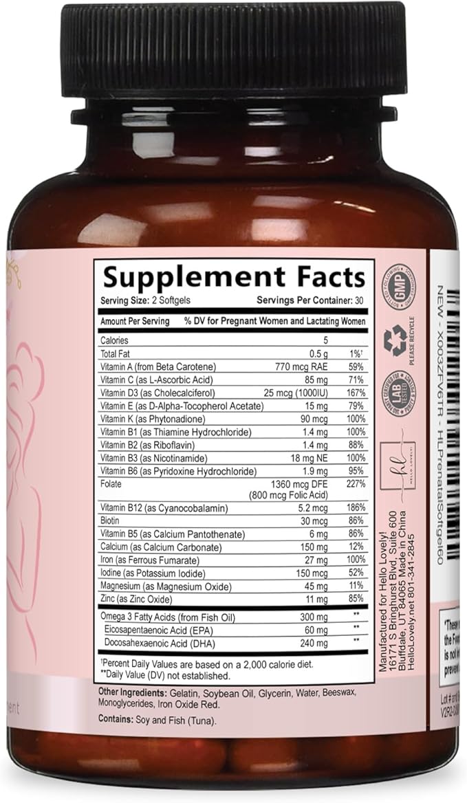 Prenatal Vitamins for Women - Prenatal Multivitamin with Folic Acid & Omega 3 DHA Fetal Development Support - Pregnancy Vitamin Supplement with, Vitamin A, C, D, B6, B12 & Iron - 60 Softgels