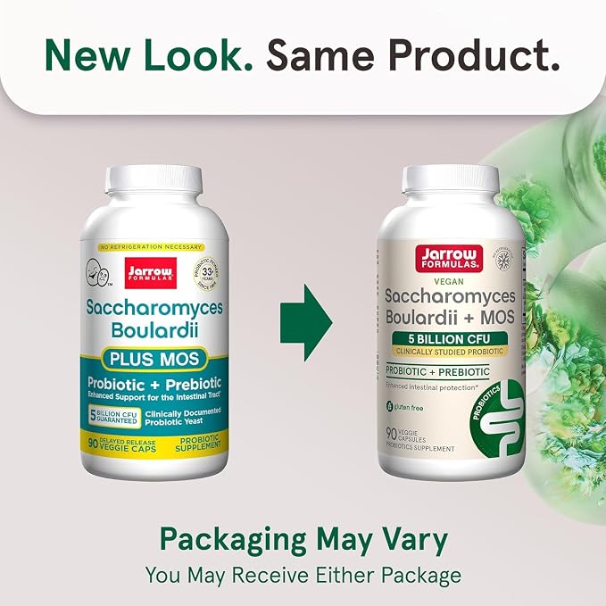 Jarrow Formulas Saccharomyces Boulardii + MOS - 5 Billion Viable Organisms Per Serving - 90 Delayed Release Veggie Caps, 2 Pack - Probiotic + Prebiotic - Intestinal Tract Support - Up to 180 Servings