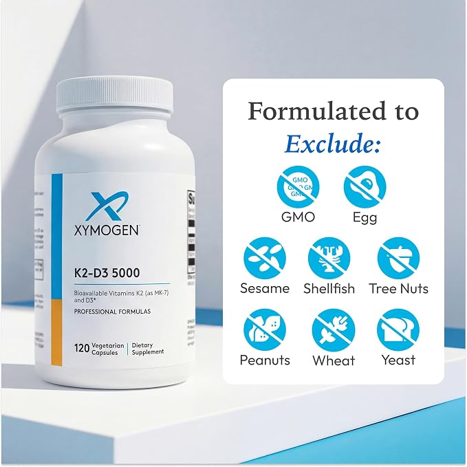 XYMOGEN K2-D3 5000 - Vitamin D3 K2 - Bioavailable Vitamin D 5000 IU (Cholecalciferol) with MK-7 - Heart, Arterial, Bone Health + Immune Support Supplement (120 Capsules)