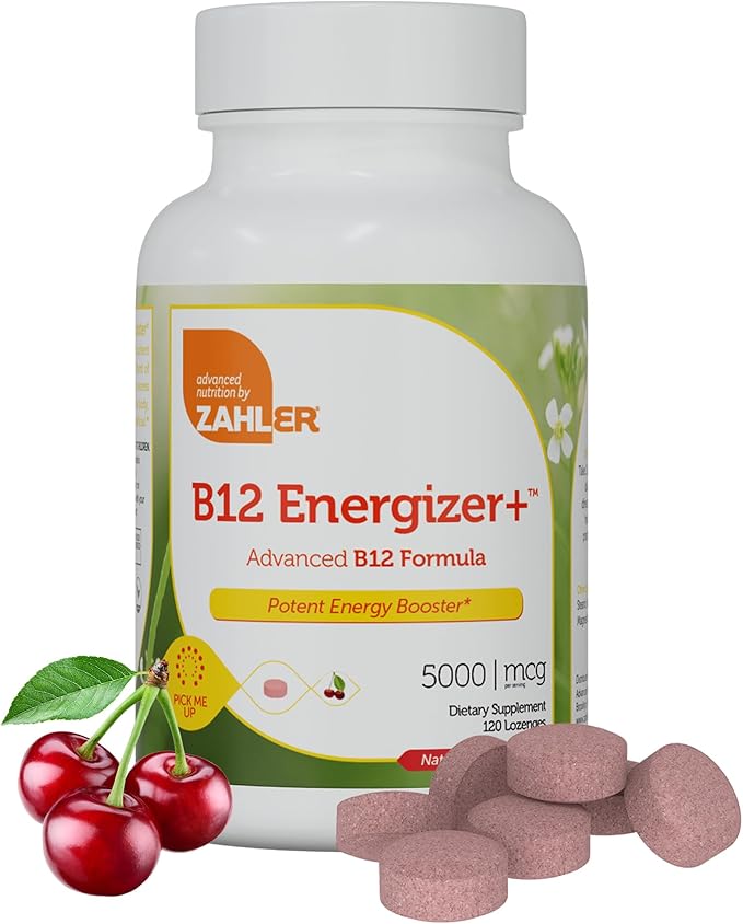 Zahler Energizer+ Vitamin B12-5000 mcg Vitamin B12 - Natural Cherry Flavor Dissolvable Lozenges - Kosher Gluten Free Non-GMO B12 Vitamins 5000 mcg, Energy Boost, Made in USA (120 Count)