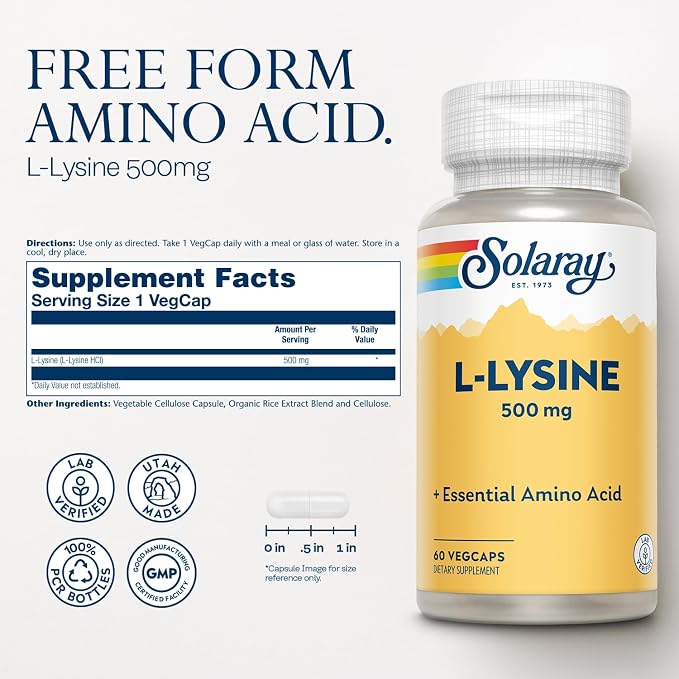 SOLARAY L Lysine 500 mg Capsules - Free-Form Essential Amino Acids Supplement - Powerful Wellness Support with L-Lysine Amino Acid - Lab Verified, 60-Day Guarantee, 60 Servings, 60 VegCaps