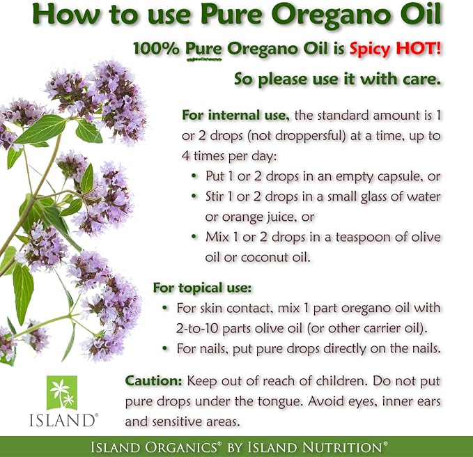 Island Nutrition, Oregano Oil Organic Liquid Drops - 100% Pure & Undiluted - USDA-Certified Organic (1 oz) 75% Carvacrol - Grown in Spain - Immune Support Supplement with Oil of Oregano.