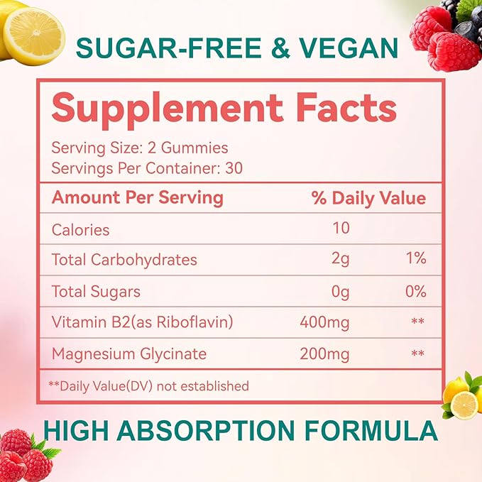 2 Pack Vitamin B2 Gummies - Riboflavin 400mg Supplement with Magnesium for Adults, B2 Gummies for Migraine Relief* & Nervous System Support* - Vegan, Sugar-Free, Raspberry-Lemon Flavor, 120 Count