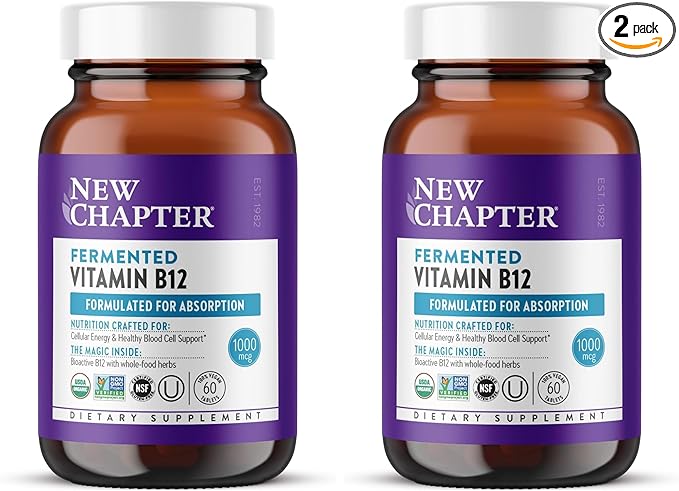 New Chapter Fermented Vitamin B12 1,000 mcg,USDA Organic,Daily for Cellular Energy + Healthy Blood Cells,Certified Vegan,Gluten Free -,60 Count (Pack of 2)