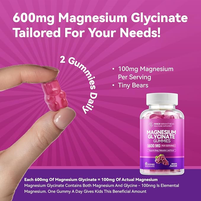 Magnesium Glycinate Gummies 600mg, Non-GMO, Gluten-Free, Magnesium Gummies for Adults & Kids, Sleep, Relaxation & Focus, Grape Flavor, 60 Count