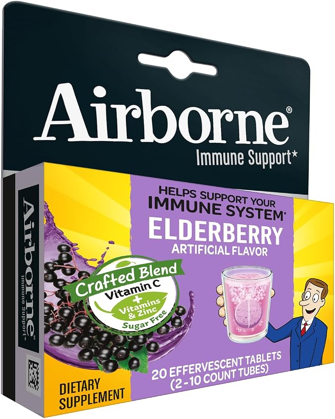 Airborne Elderberry + Zinc & Vitamin C Effervescent Tablets, Immune Support Supplement with Powerful Antioxidant Vitamins A C E, 20 Fizzy Drink Tablets, Elderberry Flavor
