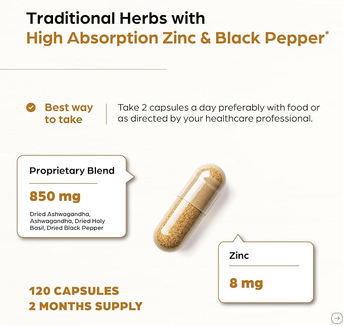 Organic Ashwagandha Capsules 120 Count | 4 in 1 with Zinc, Black Pepper & Holy Basil Extract | Immune Health, Extra Strength Stress, Mood & Energy Support | Non-GMO | For Men & Women | 2 Month Supply