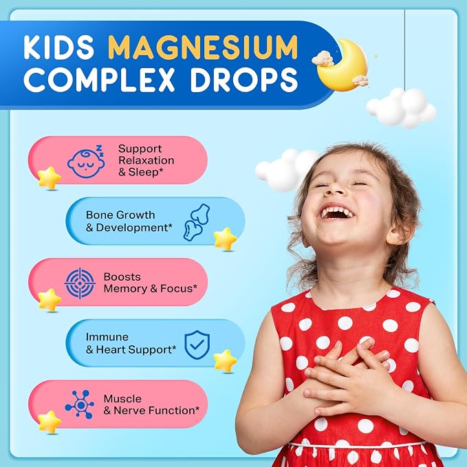 Magnesium Glycinate Liquid for Kids, Kids Magnesium Liquid Drops Supplement with L-Theanine, Calcium, Zinc, Vitamin D3 K2 for Sleep Calm Relaxation Brain Bones Focus, Mixed Berry Flavor 2 Fl Oz