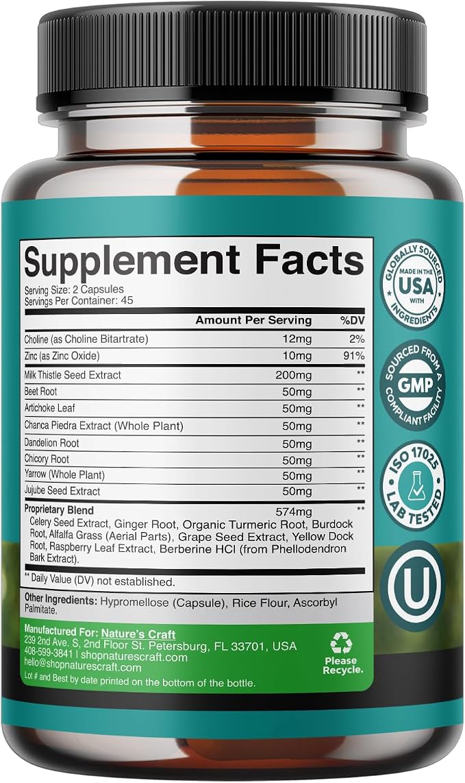 Natures Craft Liver Cleanse Detox & Repair - Herbal Liver Support Milk Thistle Supplement - Silymarin Milk Thistle Supplements with Dandelion Root, Choline, Beetroot & Artichoke Extract - 90 Count