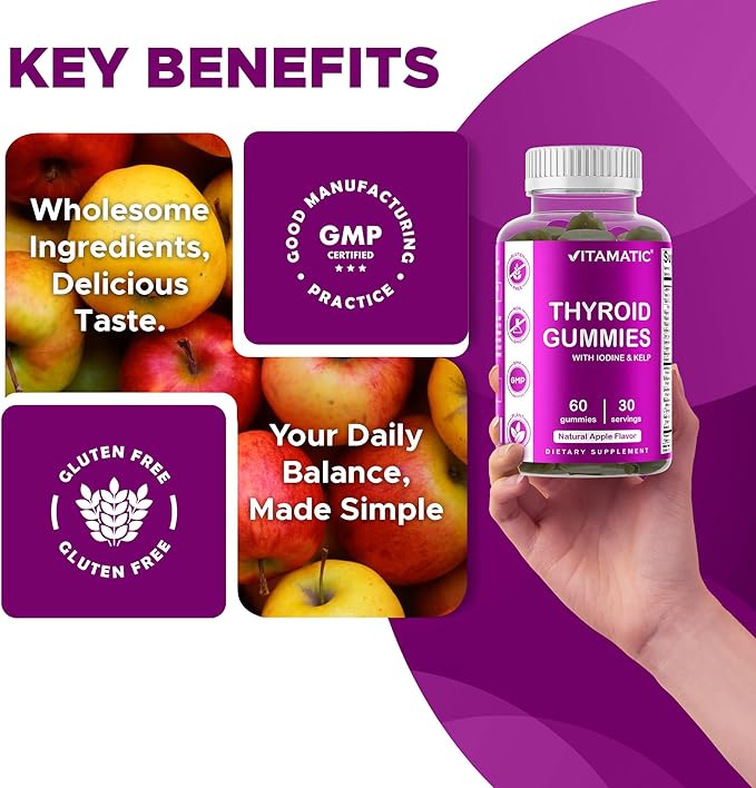 Vitamatic Vegan Thyroid Support Gummies with Iodine & Kelp – 60 Count Improve Your Energy & Increase Metabolism – Plant-Based