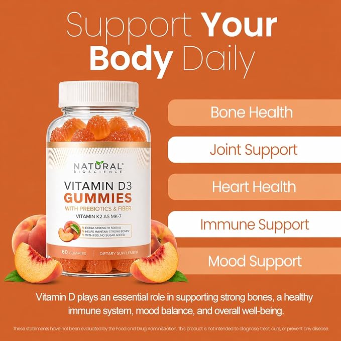 Sugar Free Vitamin D3 K2 Gummies 5000 IU + K2 MK7 80 mcg – Vitamin D Gummies for Adults with Prebiotics & Fiber – Supports Bones, Immune Health, Heart Health & Mood – Gluten Free, Natural Peach Flavor