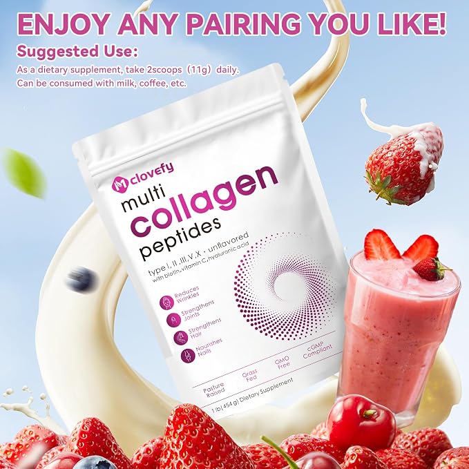 Multi Collagen Peptides Powder, 16 Oz (41 Servings) - Protein Supplement, Type I, II, III, V, X with Hyaluronic Acid, Vitamin C and Biotin, Unflavored, Easily Mixes in Drinks
