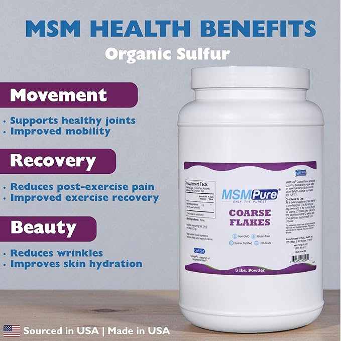 KALA HEALTH MSMPure Coarse MSM Powder Flakes – US-Made MSM for Joint Health, Skin Appearance, and Hair & Nail Support – 5 lb, Organic Sulfur