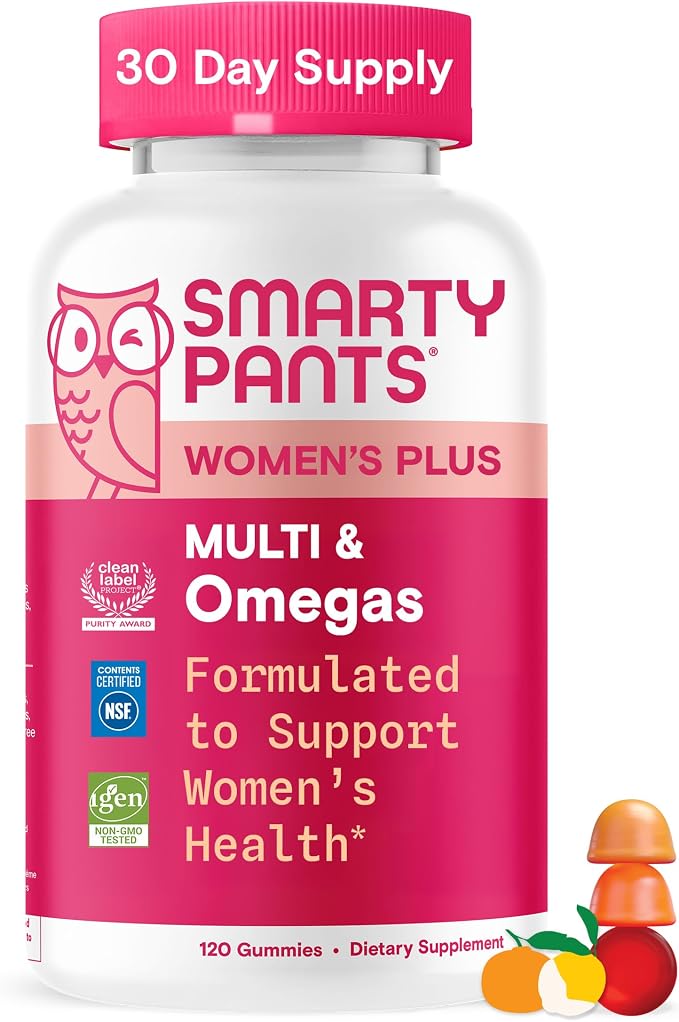 SmartyPants Women's Multivitamin Gummies, Omega 3 (DHA/EPA), Methylfolate, CoQ10, Vitamin D3, C, Vitamin B12, B6, A, K & Zinc, Inositol, Gluten Free, 120 Count (40 Day Supply)