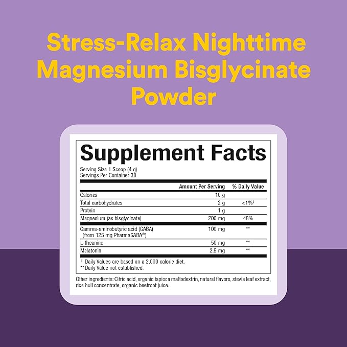 Natural Factors Stress-Relax Nighttime Magnesium Bisglycinate - Supports Sleep & Relaxation* - with Melatonin, L-Theanine & GABA - Tropical Flavor - 4.23 oz