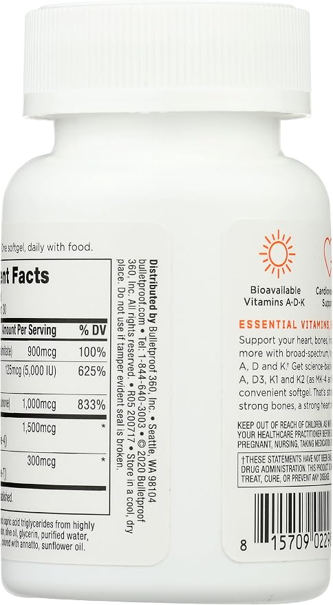 Bulletproof Vitamins A-D-K Softgels, 30 Count, Supplement for Heart, Bone Health and Immune Support