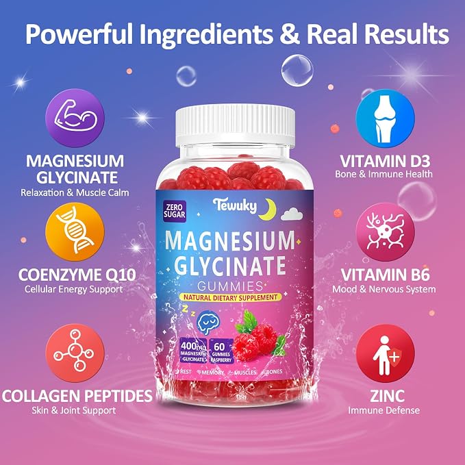 Magnesium Glycinate Gummies 400mg - Sugar Free Vegan Gummies for Adults & Kids with Vitamin D3, B6, C, CoQ10, Collagen, Zinc - Sleep, Muscle, Bone & Memory Support - 60 Raspberry Chewables