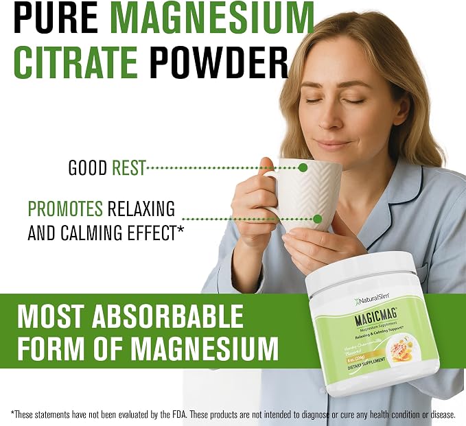 NaturalSlim Magicmag Pure Magnesium Citrate Powder Stress, Constipation, Muscle, Heart Health, and Sleep Support | Honey Chamomile Flavored Magnesium Supplement - 8oz Drink Mix (2 Pack)